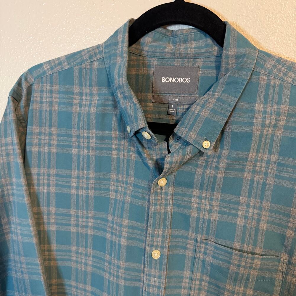 Bonobos Slim Fit Blue Plaid Long Sleeve Button Up Shirt Men's Size Large